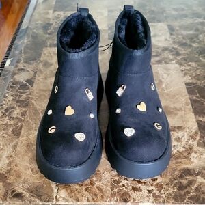 Black Suede Ankle Boots with Gold Accents